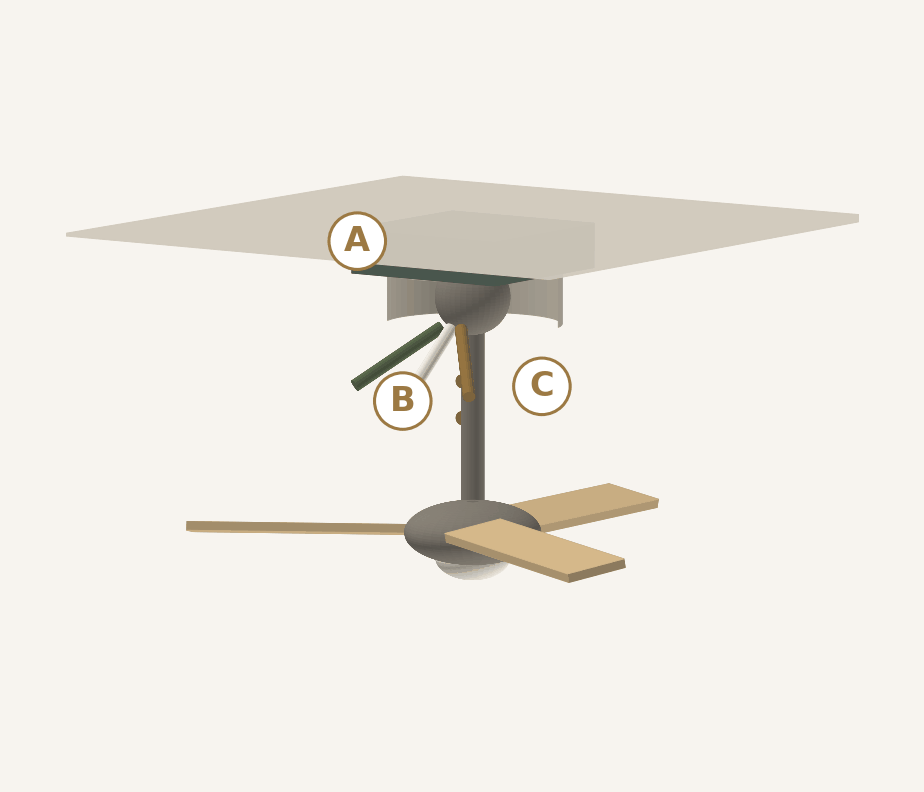 Fan assembly with connection points A, B and C marked