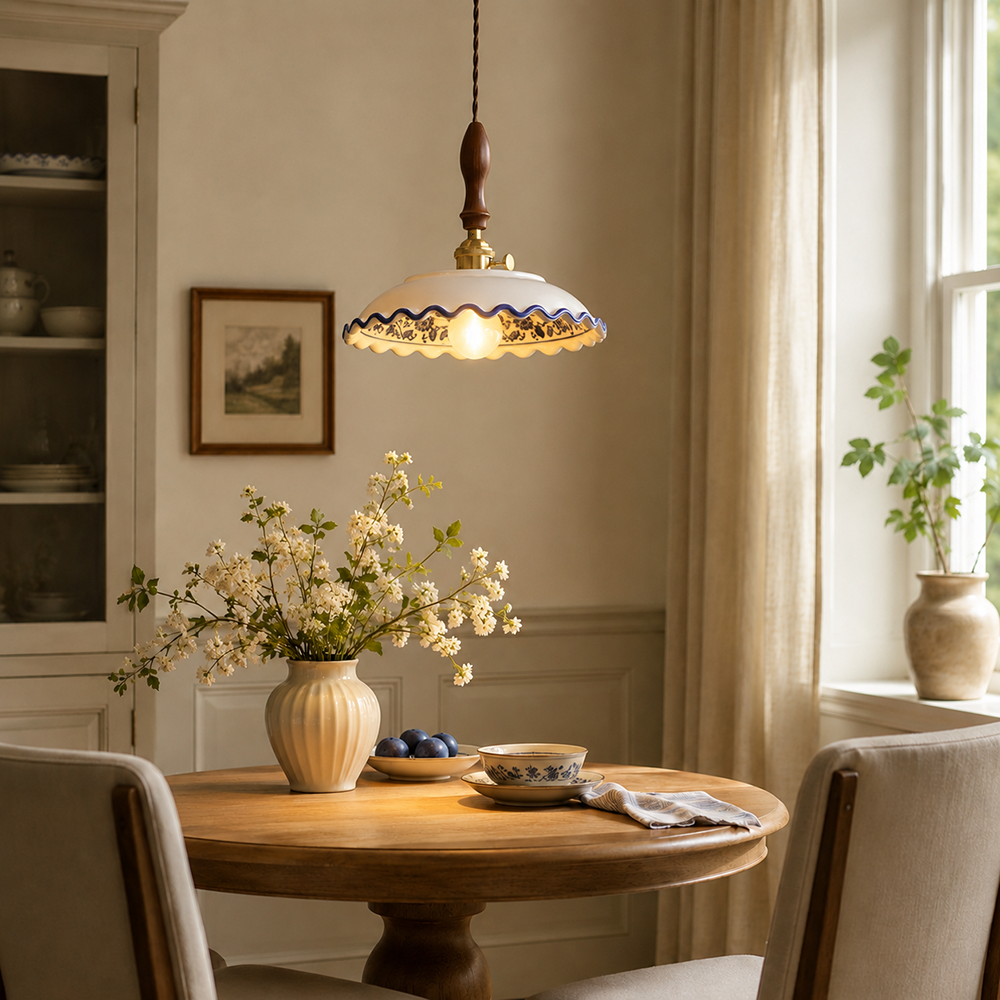 The Painted Pendant: Ceramic Shades, Tiny Florals, and Chinoiserie Details Overhead
