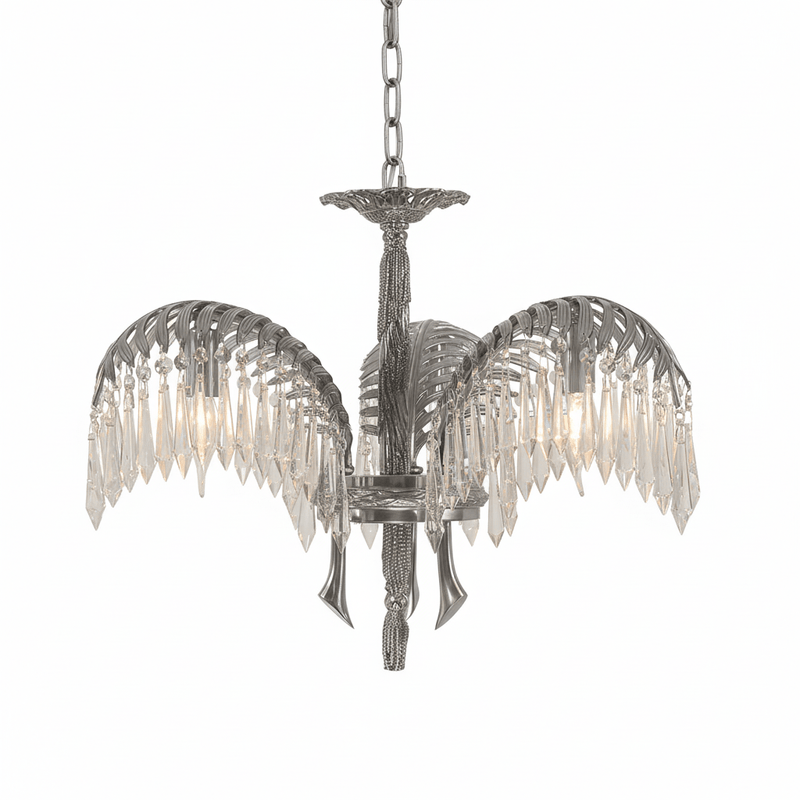 Brass Palm Leaf Crystal Chandelier