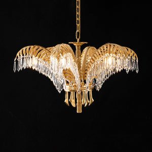 Brass Palm Leaf Crystal Chandelier