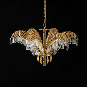 Brass Palm Leaf Crystal Chandelier