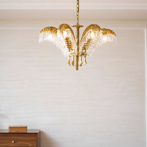 Brass Palm Leaf Crystal Chandelier
