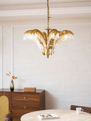 Brass Palm Leaf Crystal Chandelier