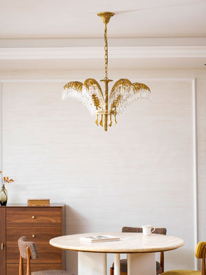 Brass Palm Leaf Crystal Chandelier