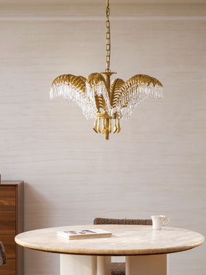 Brass Palm Leaf Crystal Chandelier