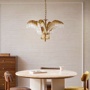 Brass Palm Leaf Crystal Chandelier