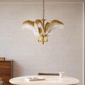 Brass Palm Leaf Crystal Chandelier