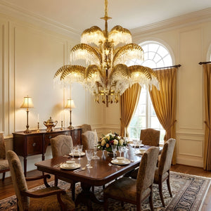Brass Palm Leaf Crystal Chandelier