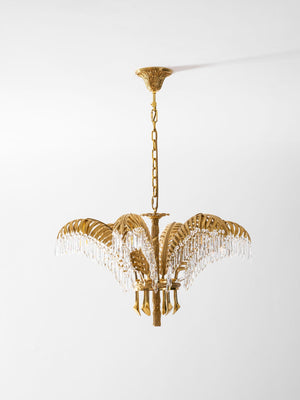 Brass Palm Leaf Crystal Chandelier