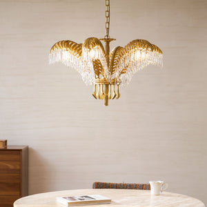 Brass Palm Leaf Crystal Chandelier
