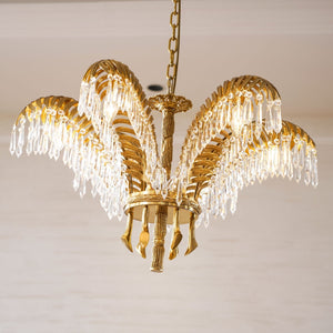 Brass Palm Leaf Crystal Chandelier