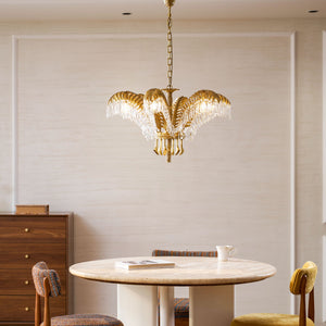 Brass Palm Leaf Crystal Chandelier