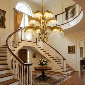 Brass Palm Leaf Crystal Chandelier