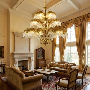 Brass Palm Leaf Crystal Chandelier