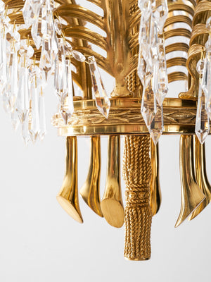 Brass Palm Leaf Crystal Chandelier