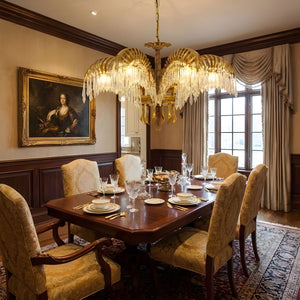 Brass Palm Leaf Crystal Chandelier