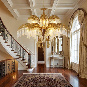 Brass Palm Leaf Crystal Chandelier