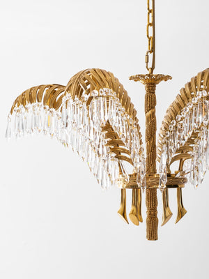 Brass Palm Leaf Crystal Chandelier