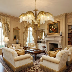 Brass Palm Leaf Crystal Chandelier