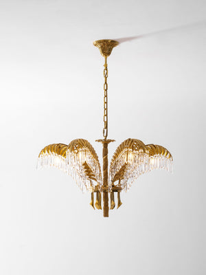 Brass Palm Leaf Crystal Chandelier