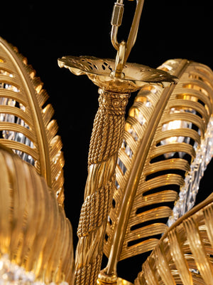 Brass Palm Leaf Crystal Chandelier