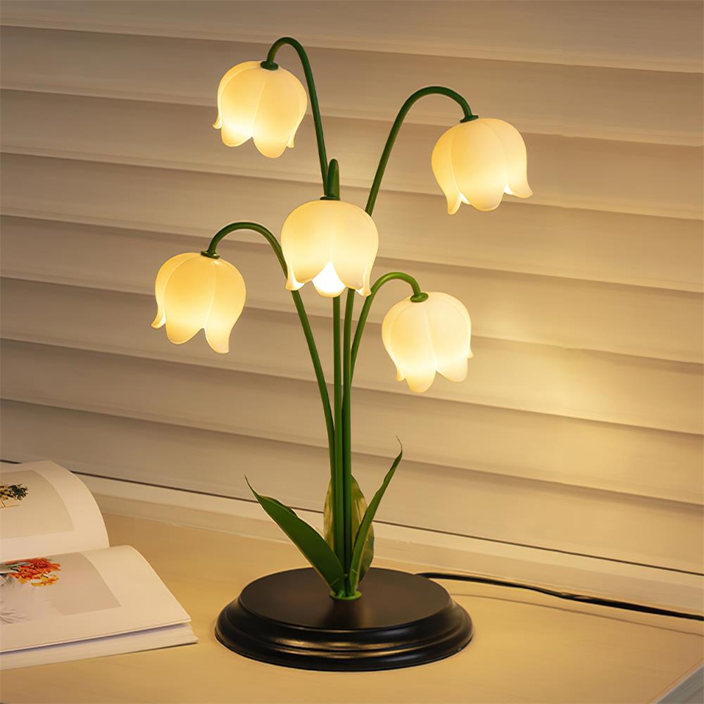 flower lily lights Lily Valley Table Lamp, Dia 30cm x H 45cm / ∅ 11.8′′ x H 17.7′′ / Green & White / UK Plug